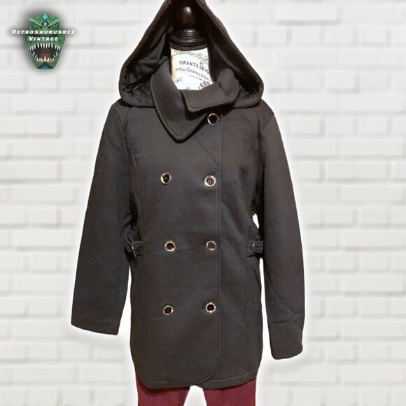 Intl D.E.T.A.I.L.S Classic Black Double Breasted Stretchy Hooded Peacoat Walker - Picture 8 of 8